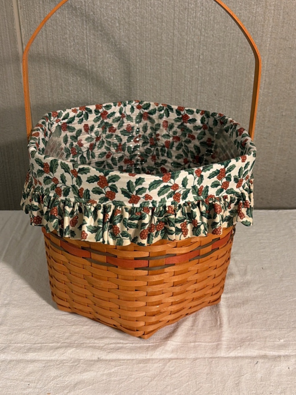 Longaberger Woven Picnic Basket with Holly Berry Liner - Orange & Green
